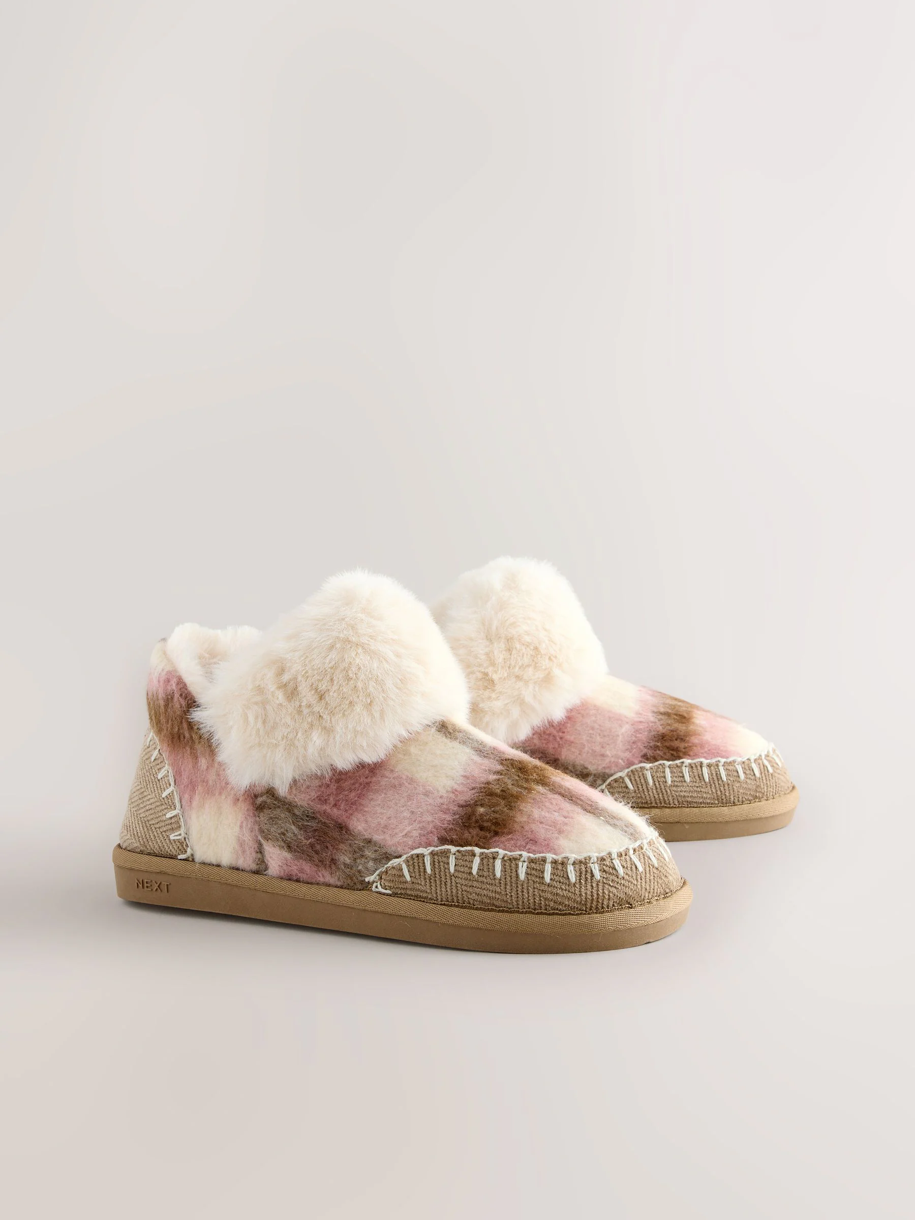 Roze geruit - Faux Fur Brush Boot Slippers
