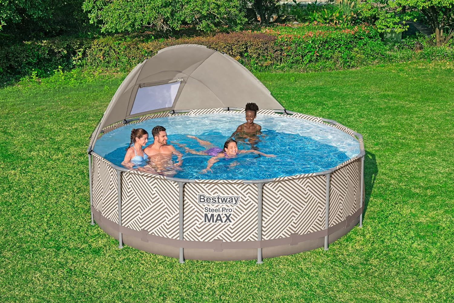 Bestway Steel Pro MAX Frame Pool Komplett-Set mit Filterpumpe Ø 396 x 107 cm, Op Art-Design, rund