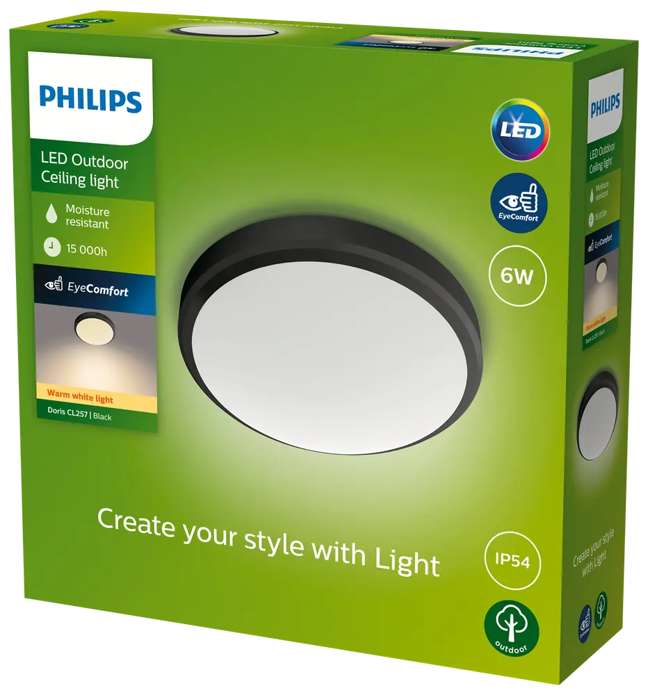 PHILIPS Loftlampe Doris Ø22cm 6W IP54 - sort