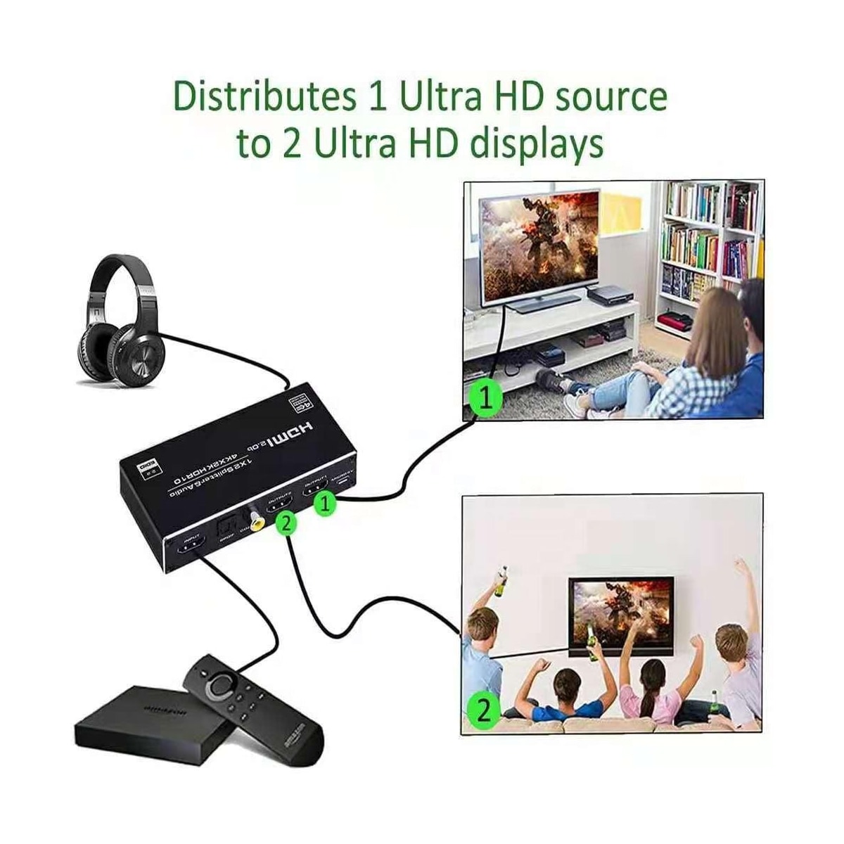 NÖRDIC HDMI splitter 1 til 2 med Audio Extractor 4K60Hz HDCP2.3 HDR10 Toslink SPDIF + Koaksial + 3,5 mm lyd