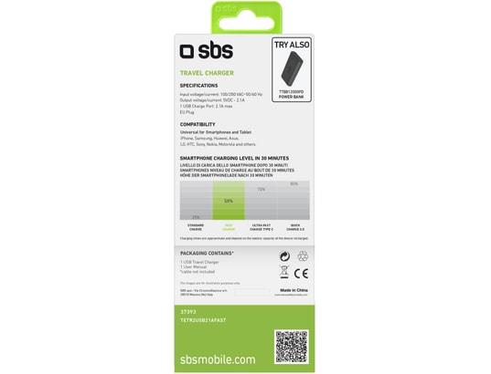 SBS - Chargeur secteur Fast Charge Avec 2 Ports Usb