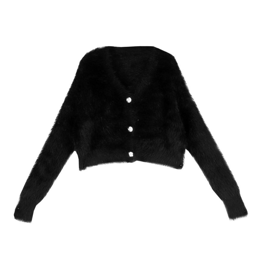 monroll - Set: effen, pluizig cropped vest + gebreide cropped camisole top