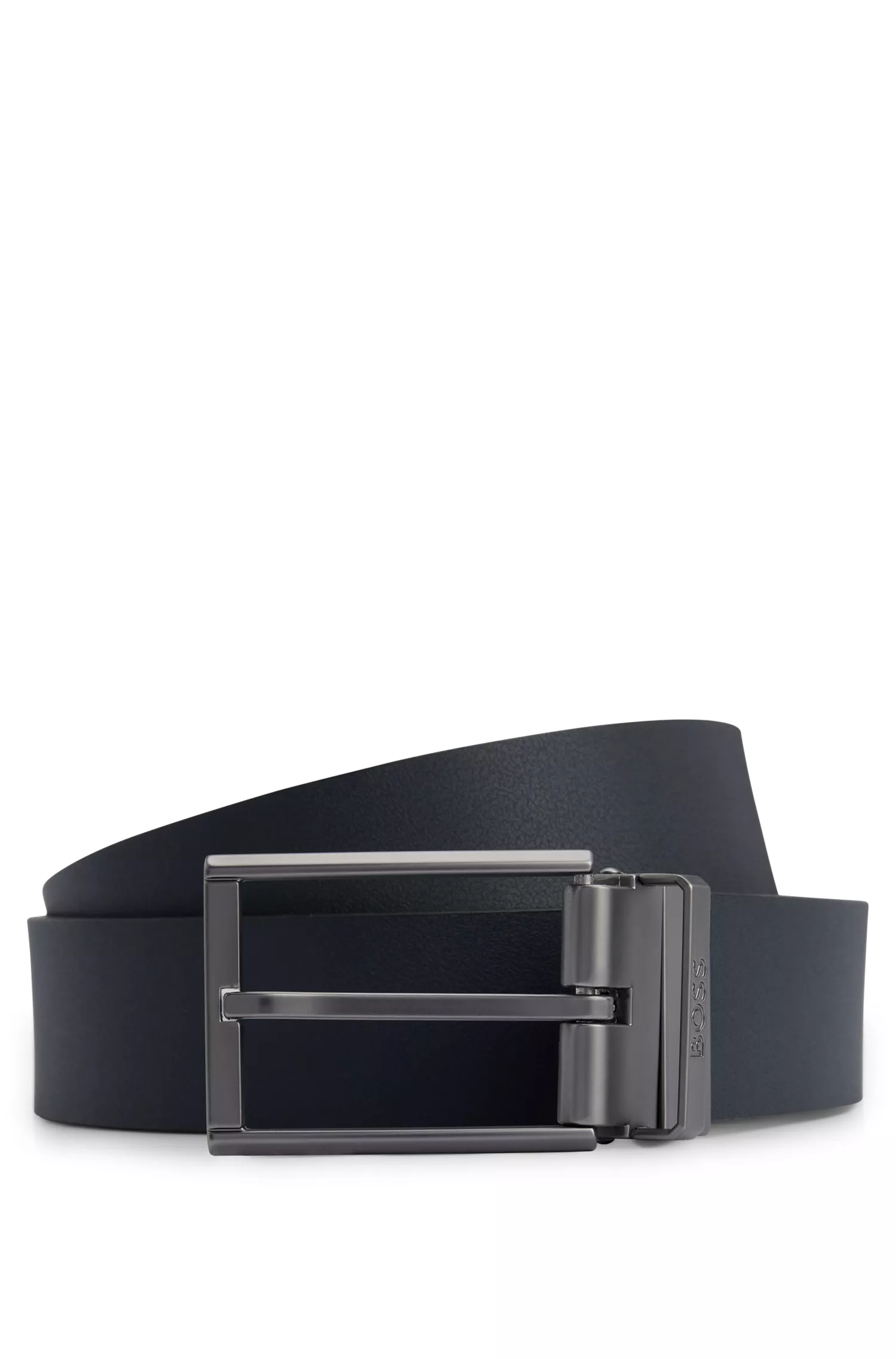 Cinto reversível BOSS em couro italiano preto com fivelas de pino e placa.