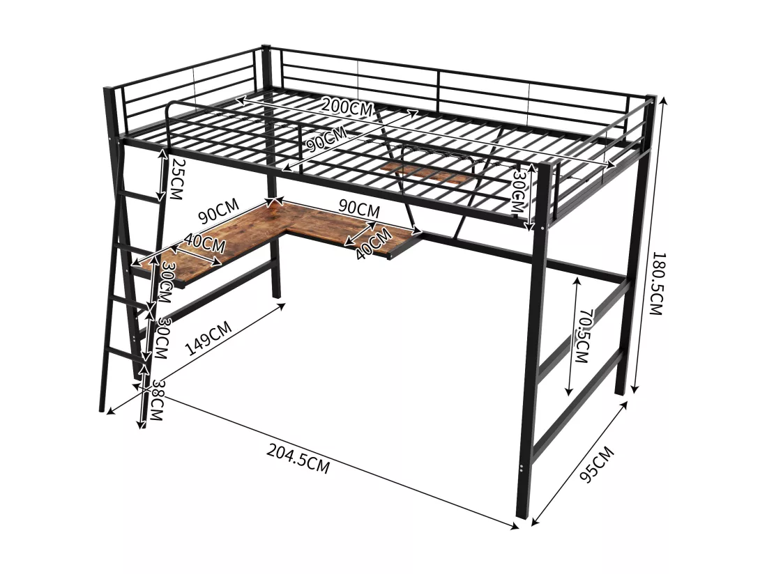 Lit mezzanine lit simple métallique noir avec bureau en L et étagère 90x200cm STOGZODS