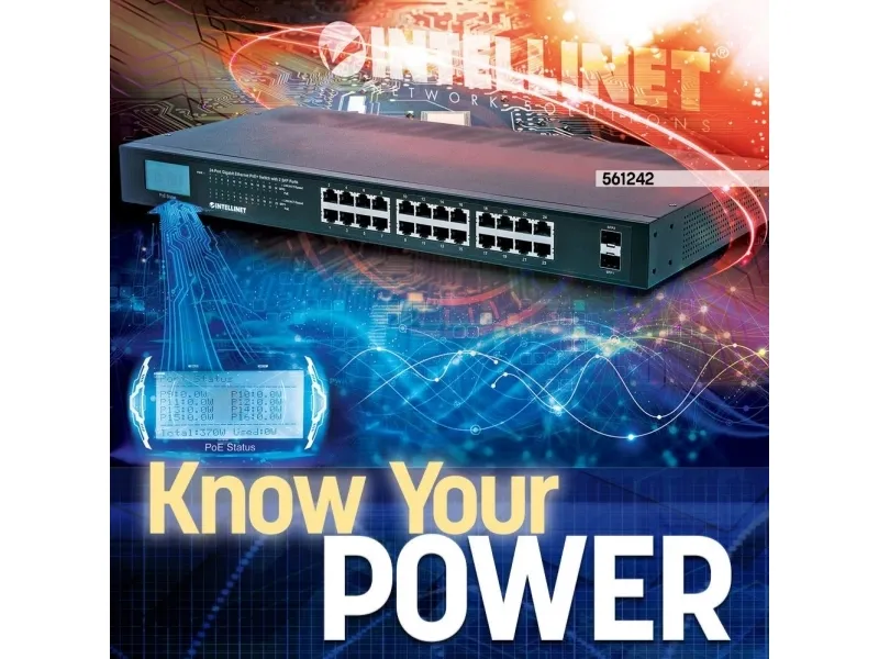 Intellinet 561242, Ikke administreret, Gigabit Ethernet (10/100/1000), Fuld duplex, Strøm over Ethernet (PoE), Stativ-montering, 1U