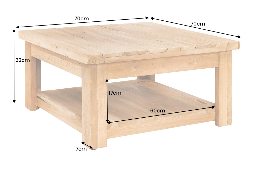 Quadratischer Couchtisch JAVA 70cm natur recyceltes Teakholz mit Ablagefach
