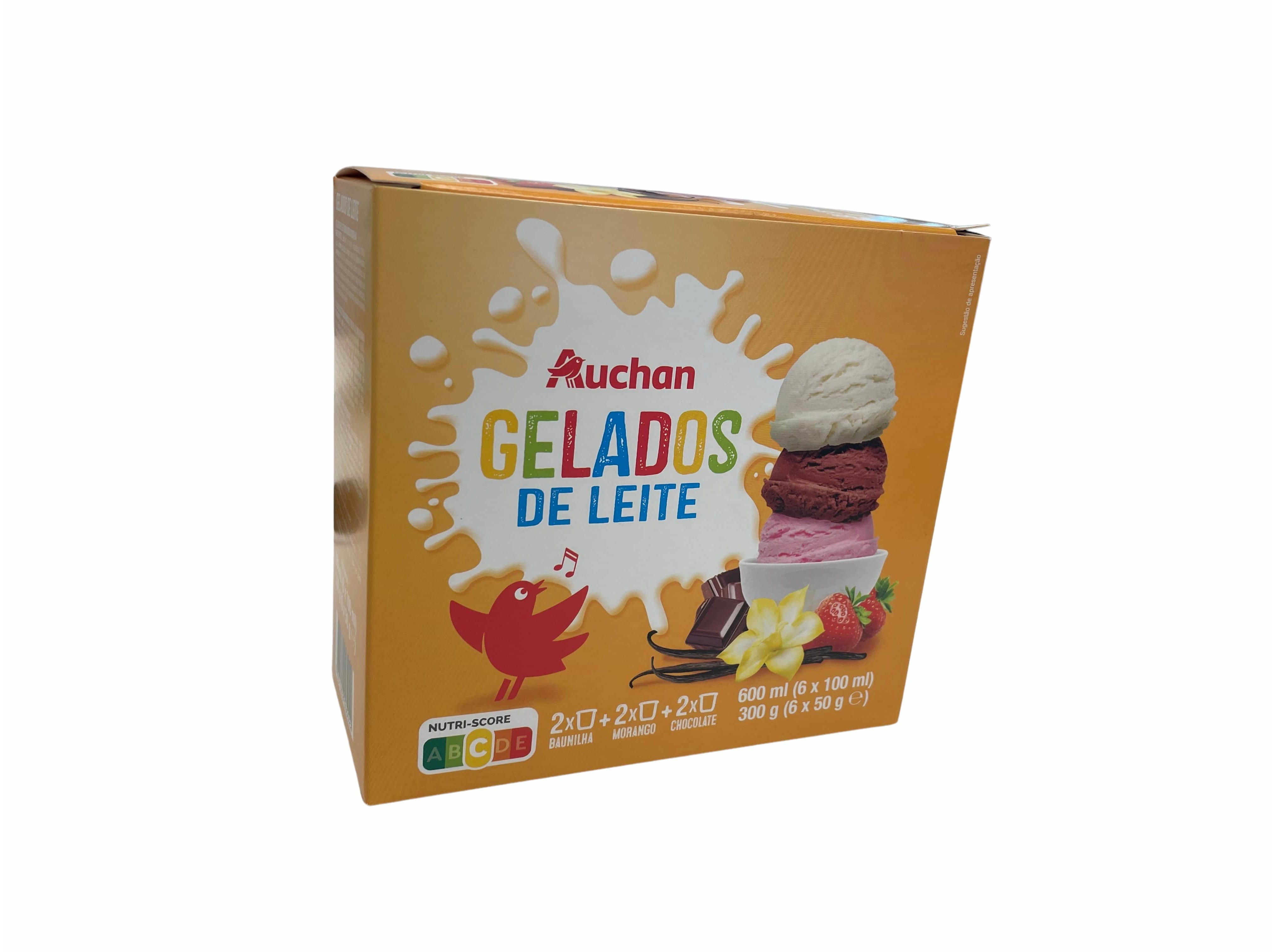 GELADOS DE LEITE AUCHAN CHOCOLATE MORANGO E BAUNILHA 6X100ML
