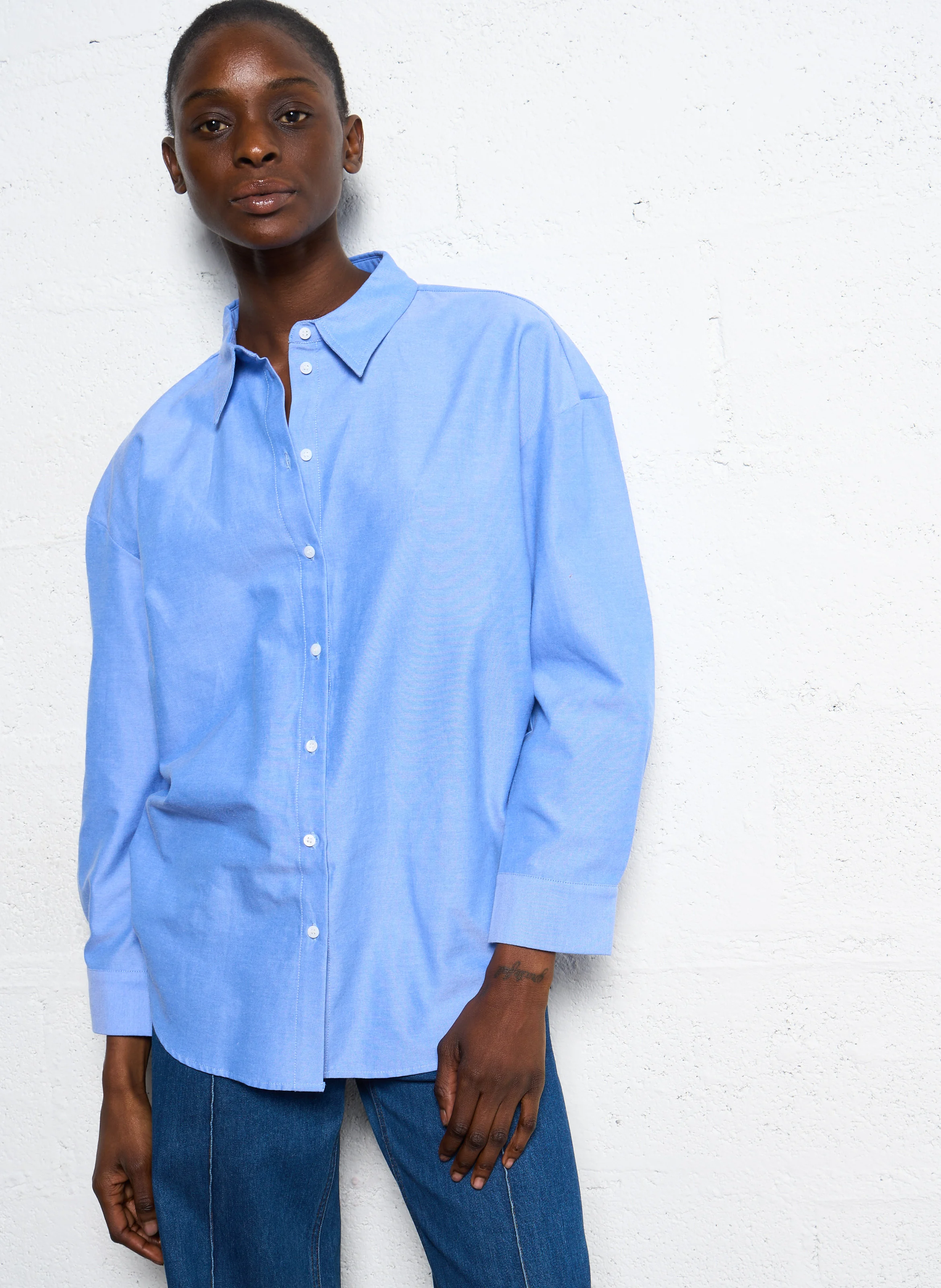 DRISA - Chemise droite oversize en coton mélangé | Bleu