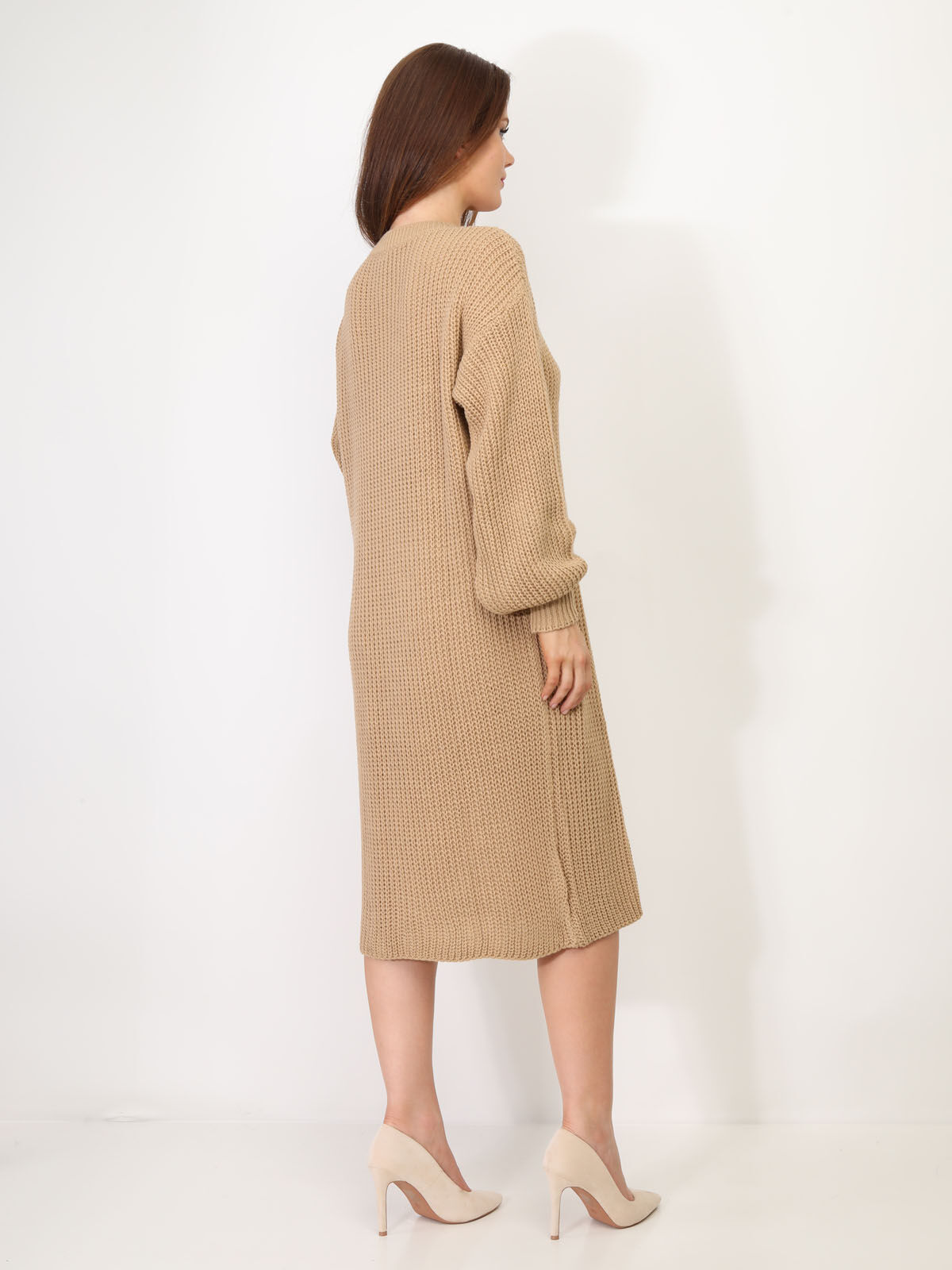 Robe pull mi-longue à manches bouffantes- Camel