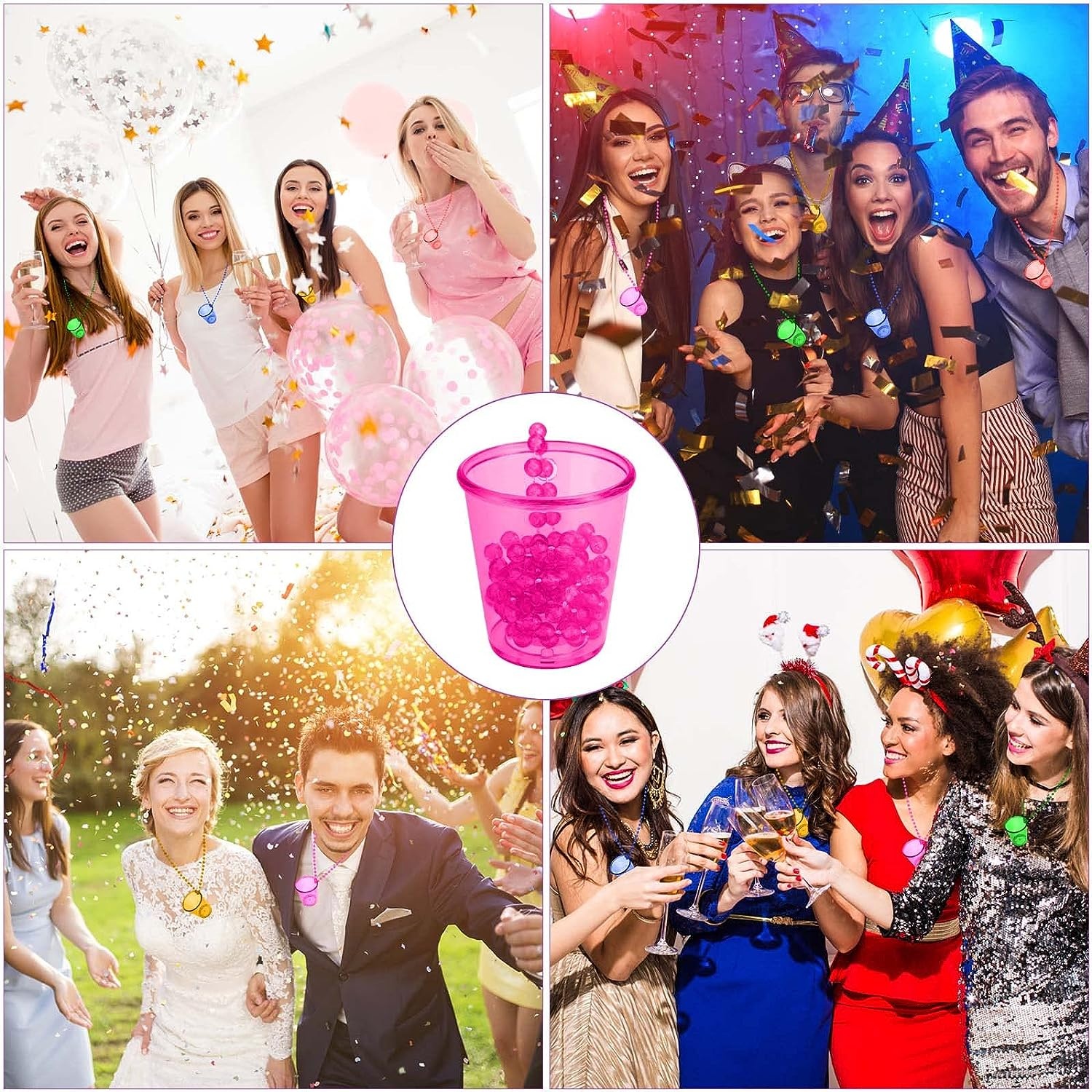 (12er Set) Mehrweg Shot Becher mit Kette Junggesellinnenabschied Party Deko - Assortiert