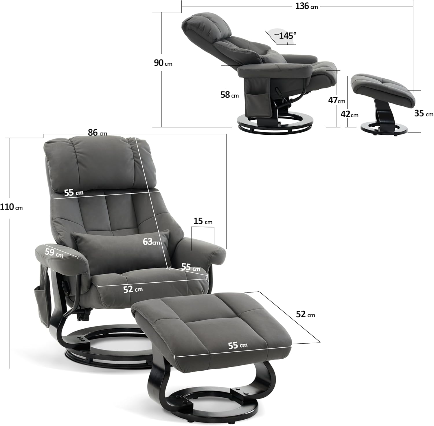 M MCombo Relaxsessel mit Hocker, Drehbare Fernsehsessel mit Liegefunktion, Moderner TV-Sessel Stuhl für Wohnzimmer, mit Kissen & Seitentasche, 9066 (Mikrofaser, Grau)