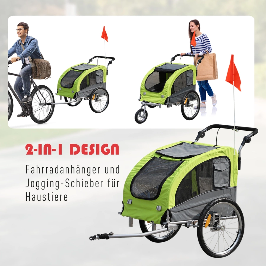 PawHut Hundeanhänger mit gepolsterter Liegefläche grün, grau