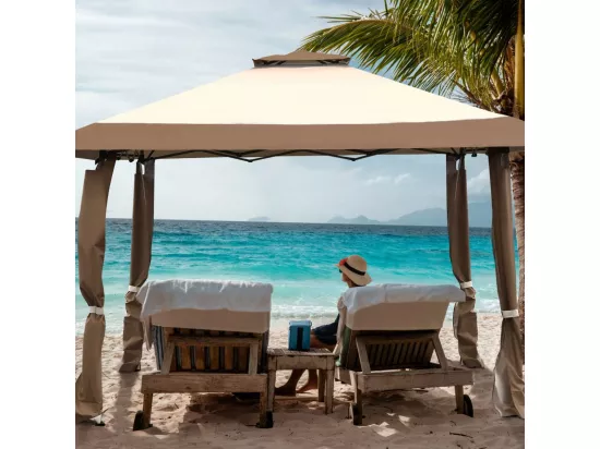 Tonnelle Barnum de Jardin Pliante Pop-up 3,95x3,95M 2 Toit Ventilés Tissu et velours Oxford 3 Hauteurs Réglable Sac de Rangement（Marron)