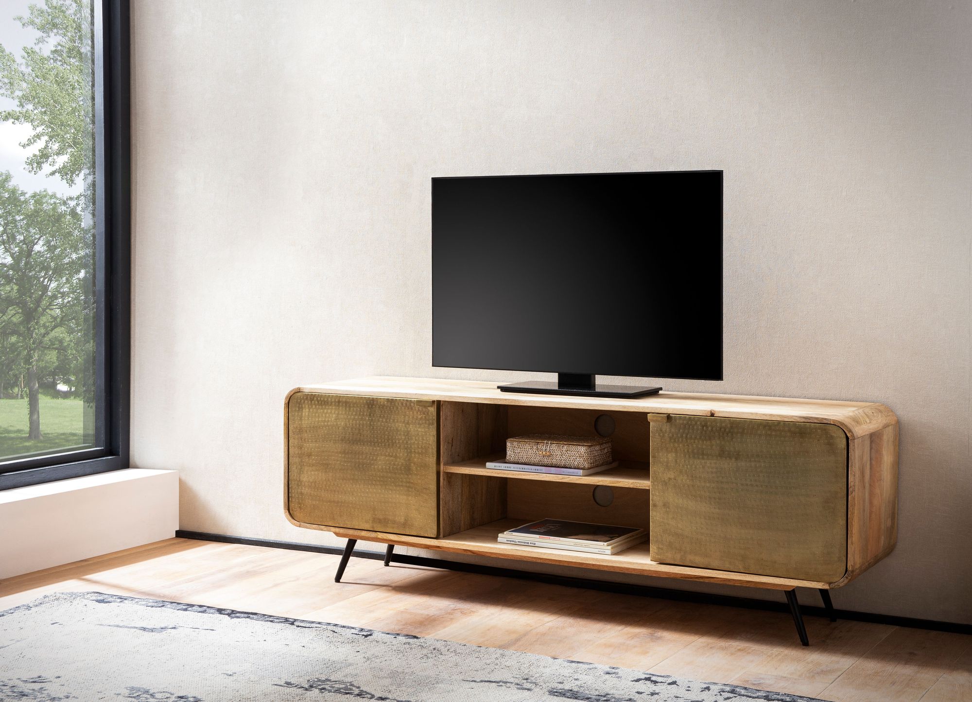 TV Schrank FineBuy Lowboard 160 cm Holz Massiv Fernsehkommode Fernsehschrank