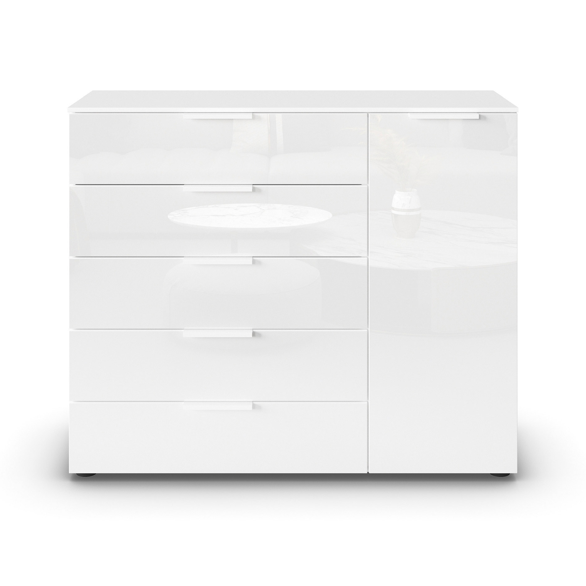 Kommode - alpinweiß-Kristallweißglas - weiße Griffe - 120 cm