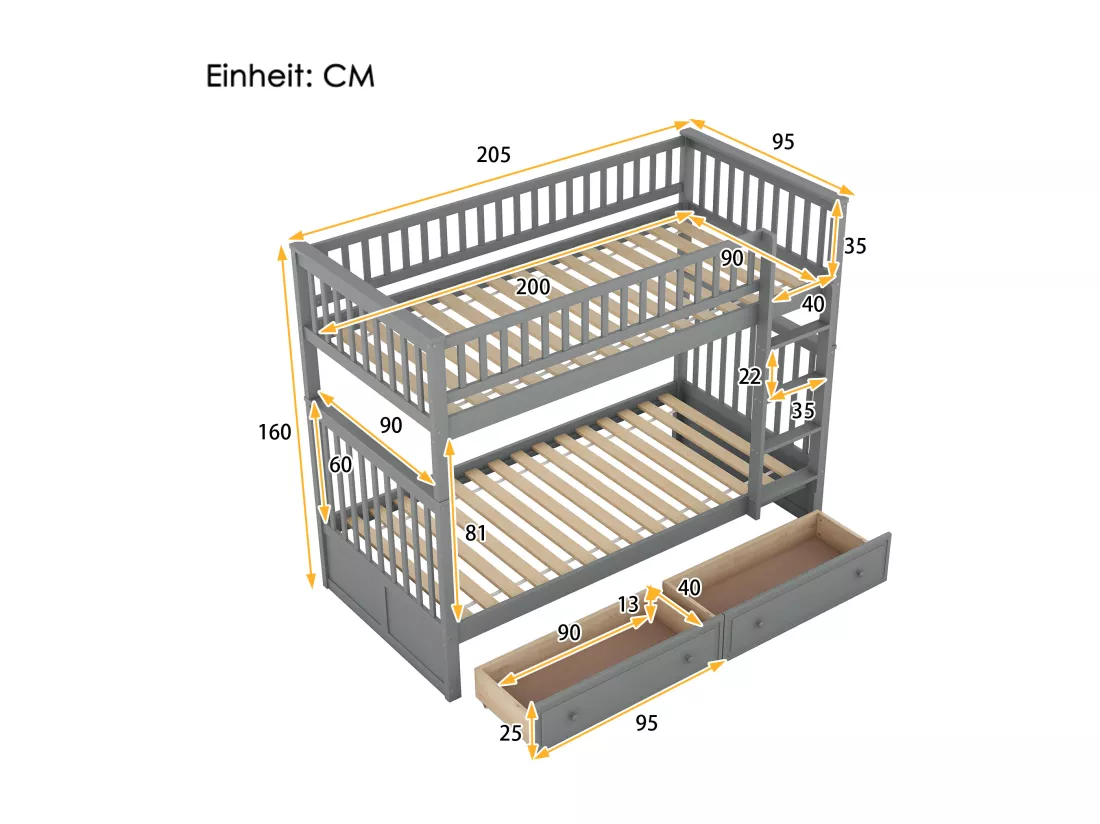 Lit Mezzanine Enfant 90 X 200 cm En Pin - Lits Superposés Avec 2 Tiroirs - Gris