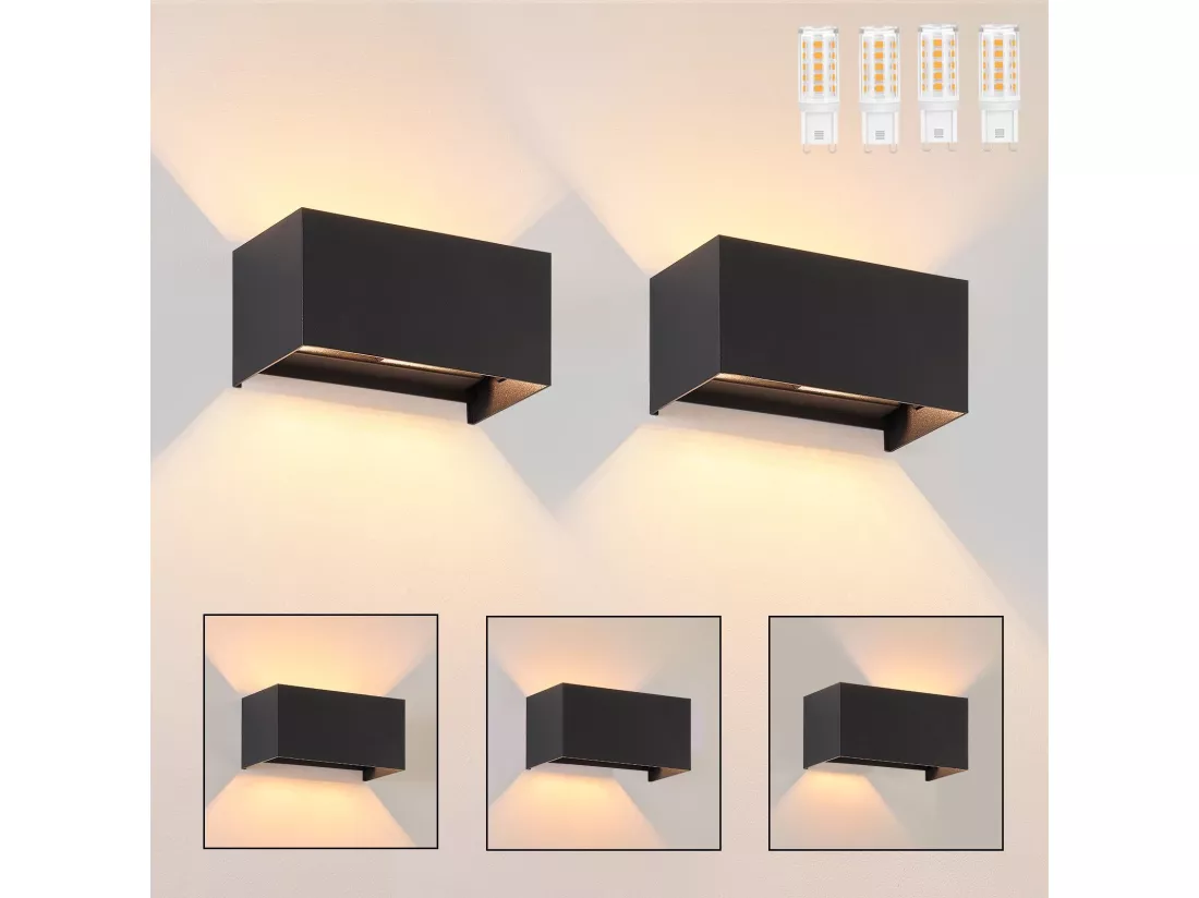 NETTLIFE 2 Appliques Murales LED Noires IP65, Lumière Blanche Chaude Réglable G9, pour Salon, Jardin, Terrasse