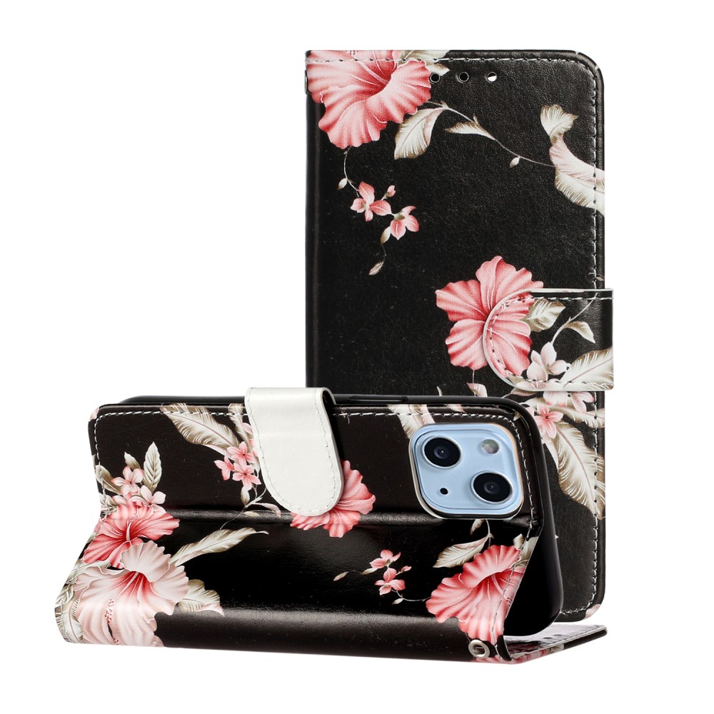 iPhone 13 Leder Tasche Flip Cover Rosa Azalea Blumen - Schwarz