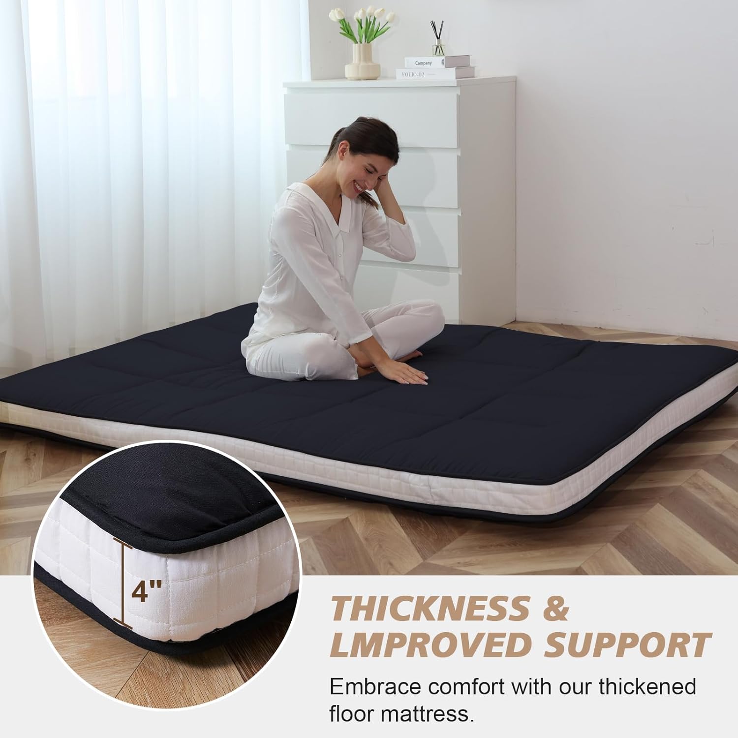 Futonmatratze 200 x 137 cm – Extra Dicke, Faltbare japanische Bodenmatratze – Memory-Schaum-Isomatte für Erwachsene – Tatami-Matte, geeignet für Camping und Gäste – Schwarz (10 cm)
