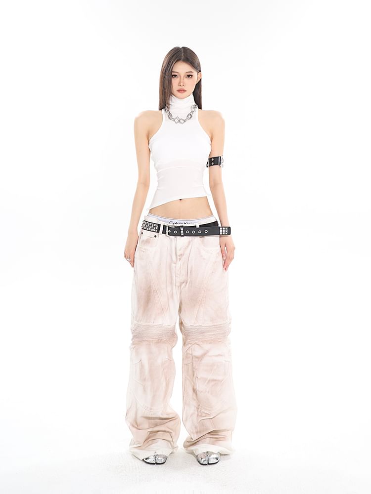 SPUCIKLEI - Turtleneck Plain Racerback Asymmetrisch Gewatteerd Crop Tanktopje