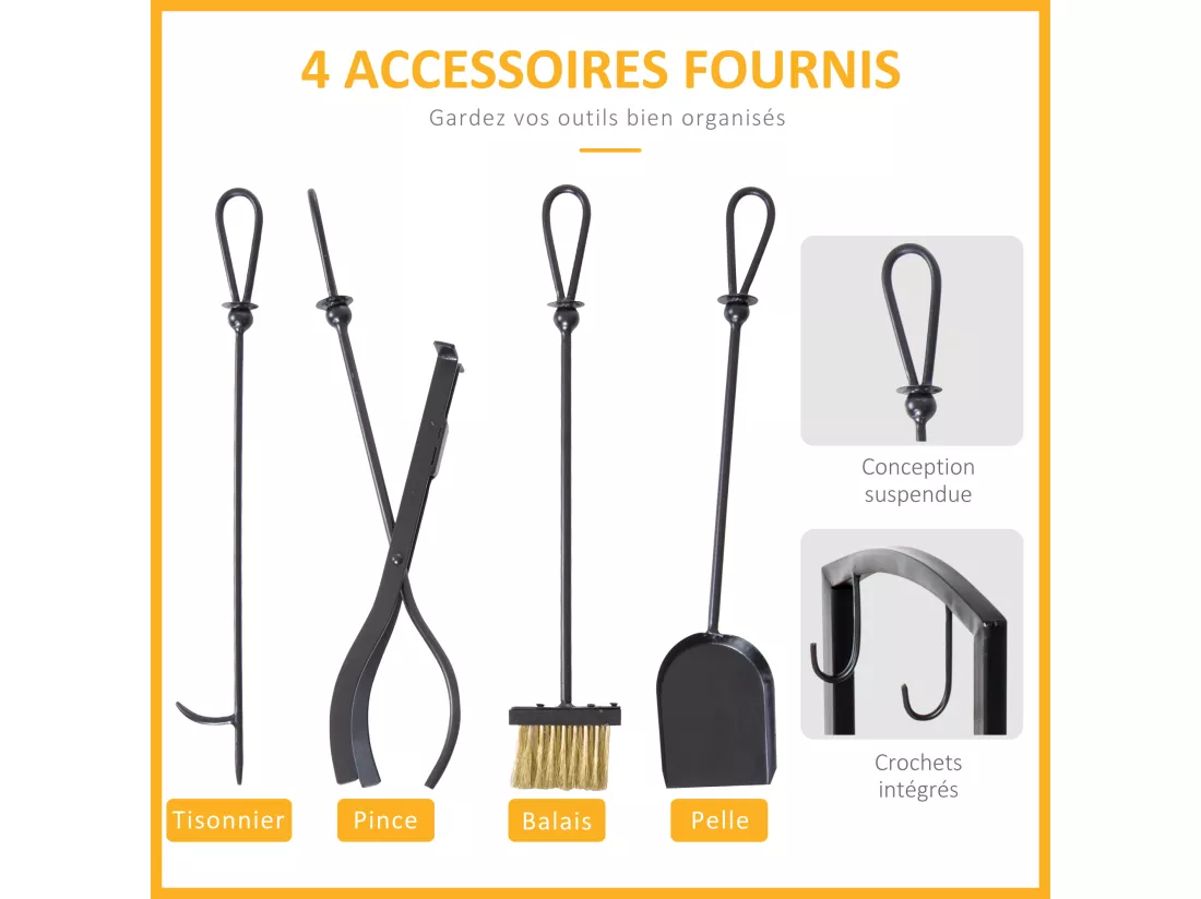Serviteur de cheminée - porte bûches - range bûches multi accessoires 2 étagères 40L x 30l x 75H cm métal noir