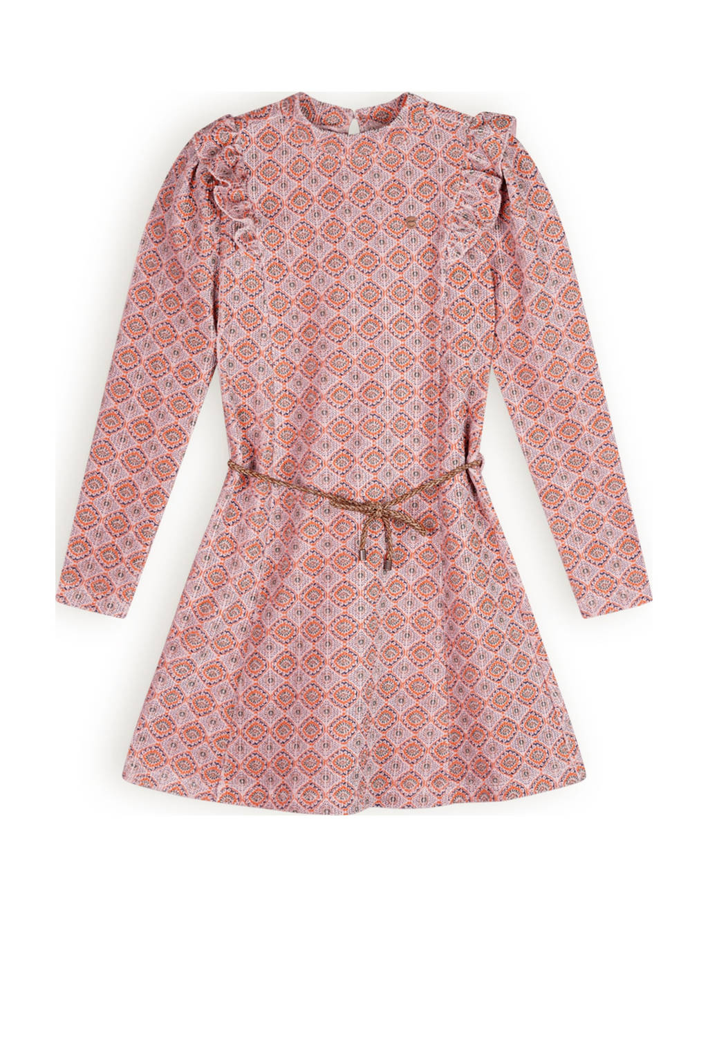 NONO jurk Max met all over print en ruches roze/oranje