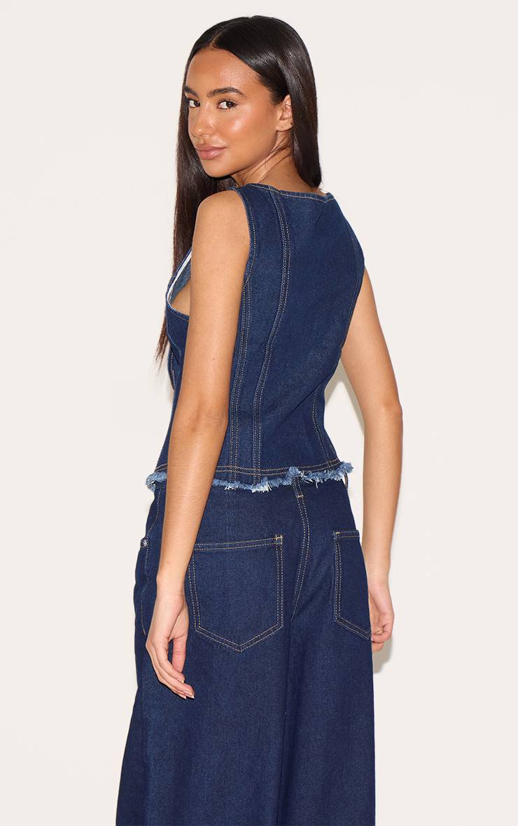 Bleu Indigo Gilet Long Ajusté Sans Manches En Denim Petite