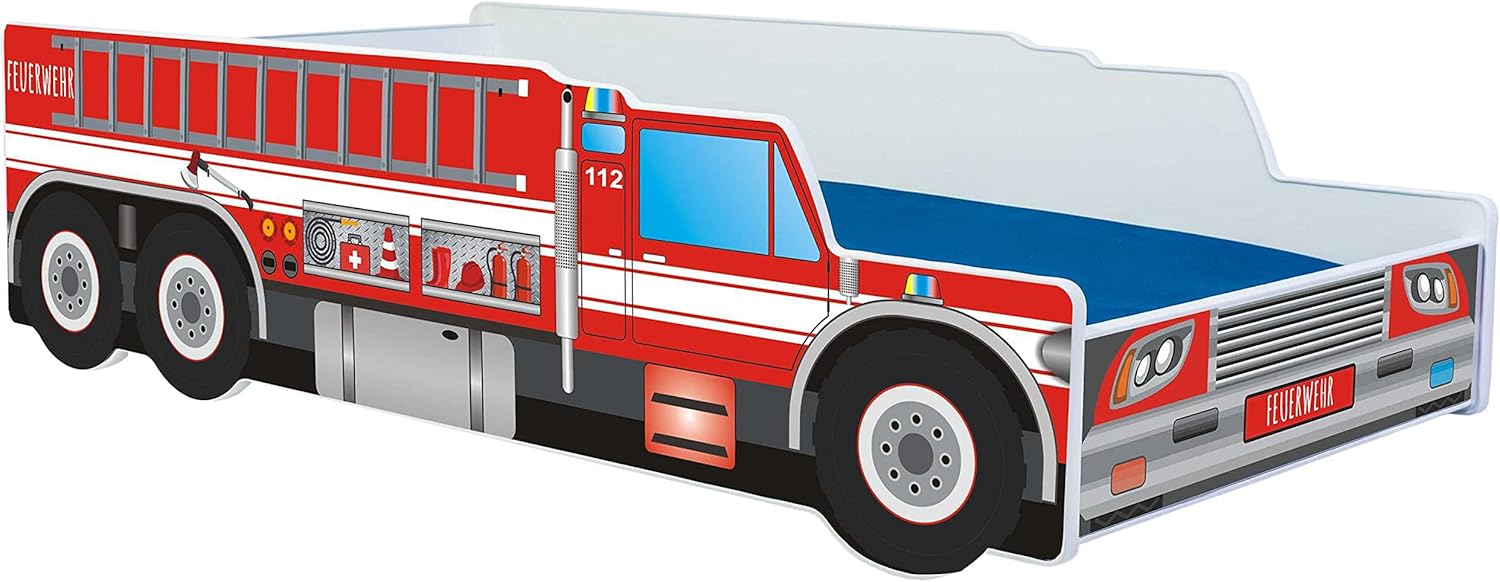 Kids Collective Autobett Kinderbett Jugendbett 70x140 | 80x160 cm mit Rausfallschutz & Matratze | Feuerwehr Feuerwehrauto Feuerwehrmann Kinder Spielbett