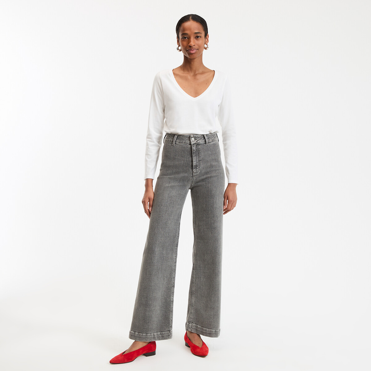 COLEÇÕES LA REDOUTE<br>Camiseta de algodão orgânico, gola V, mangas compridas