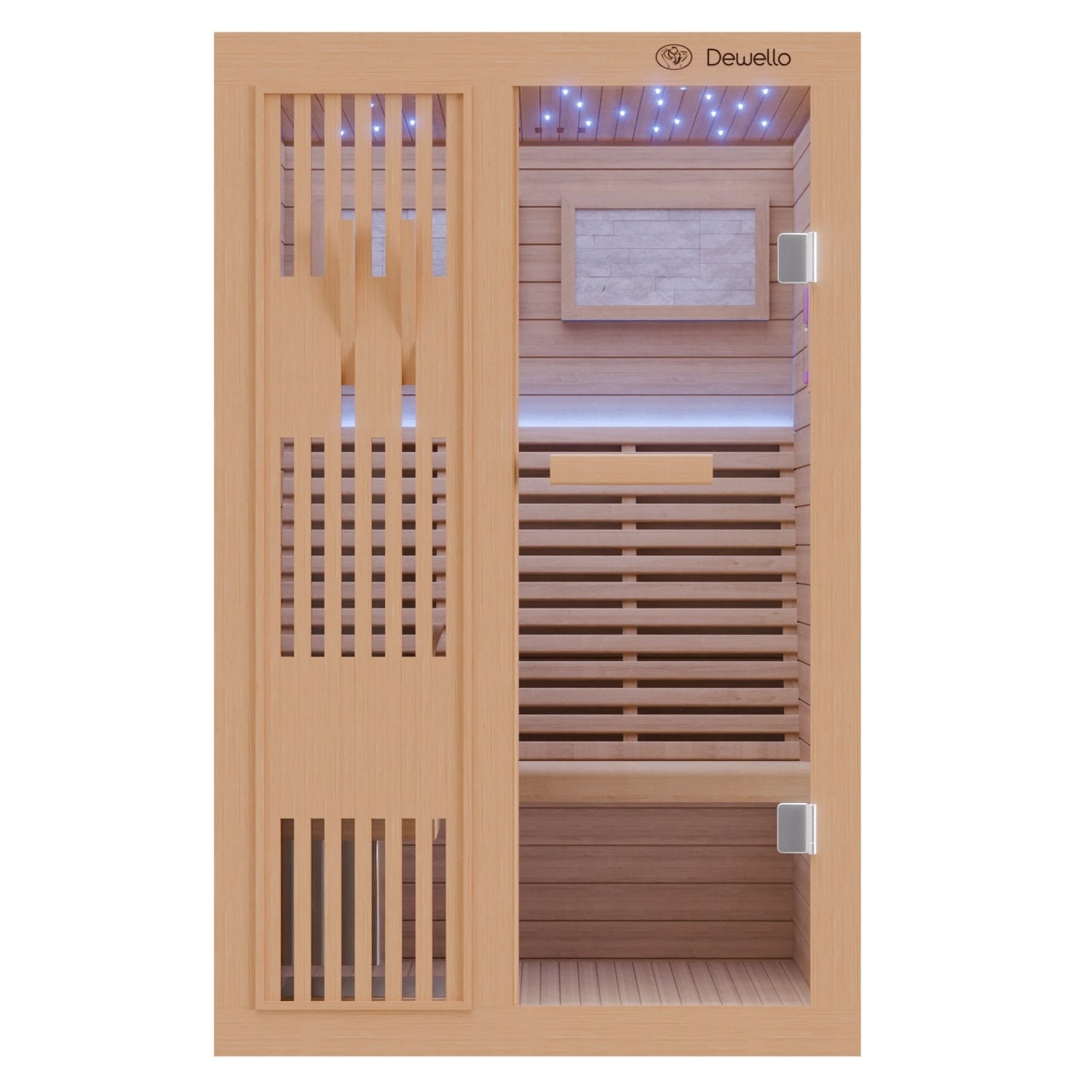 Dewello Finnische Sauna MINTO 120x120 Kabine aus Hemlock Tannenholz mit 3,5 kW Harvia Ofen, inkl Sauna Set