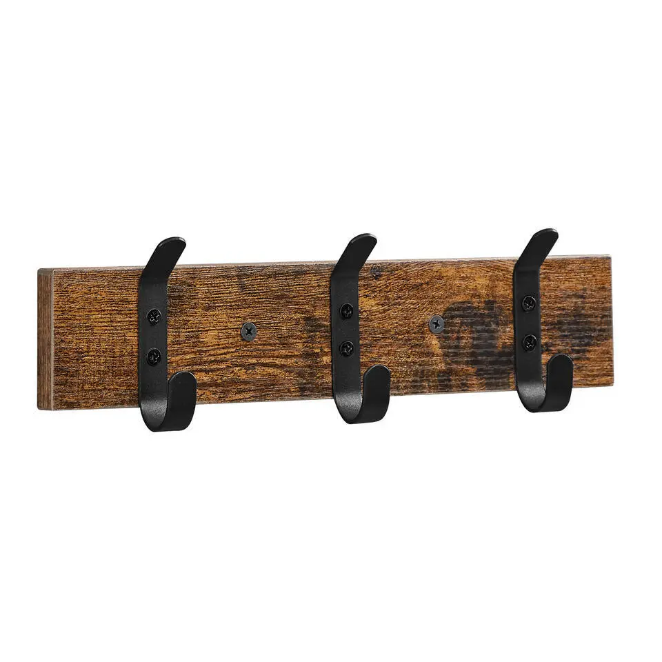 Wandkapstok met 6 Haken - compacte houten Muurkapstok - Vintage Bruin en Zwart