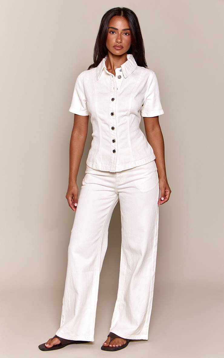 Blanc Chemise En Denim À Manches Courtes Boutonnée Petite Taille