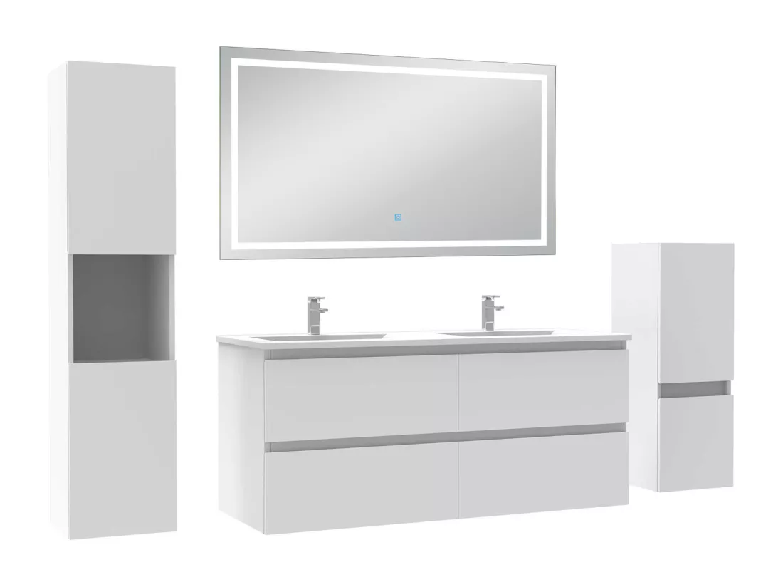 Ensemble meuble salle de Bain 120cm avec colonne et miroir mural lumineux 3 couleurs blanc