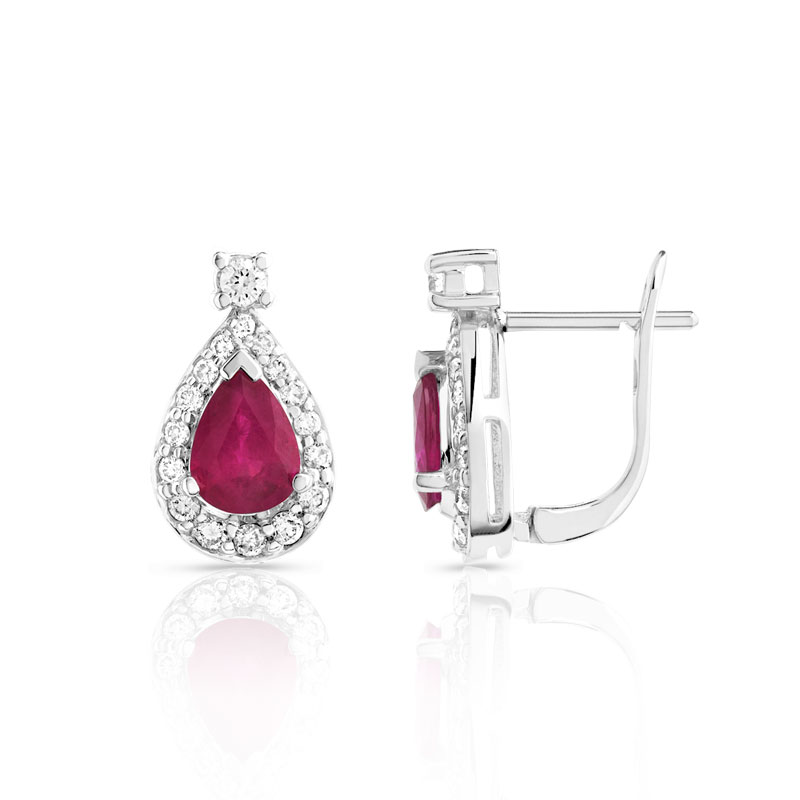 Boucles d'oreilles or 750 blanc dormeuses rubis taille poire et diamants