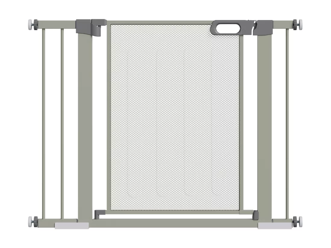 Barrière de sécurité animaux - longueur réglable dim. 75-103 cm - porte double verrouillage, ouverture double sens -sans perçage - acier ABS gris