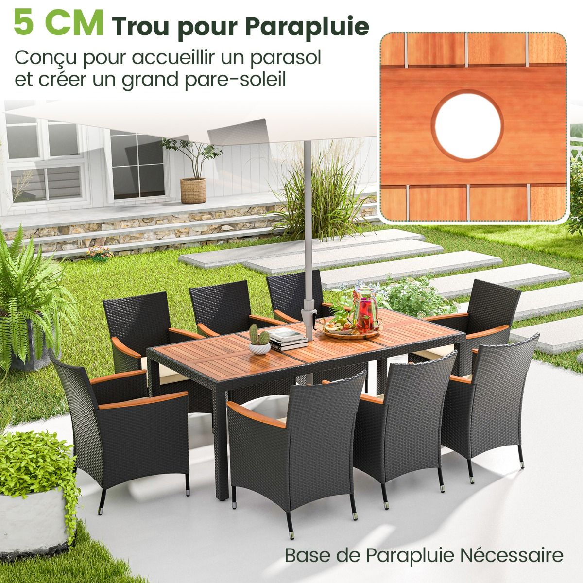 Salon de Jardin en Rotin 9 Pièces Plateau de Table en Acacia Ensemble de Salle à Manger avec Coussins Amovibles Trou Charge 180KG Beige+Noir - Lidl-Manfred