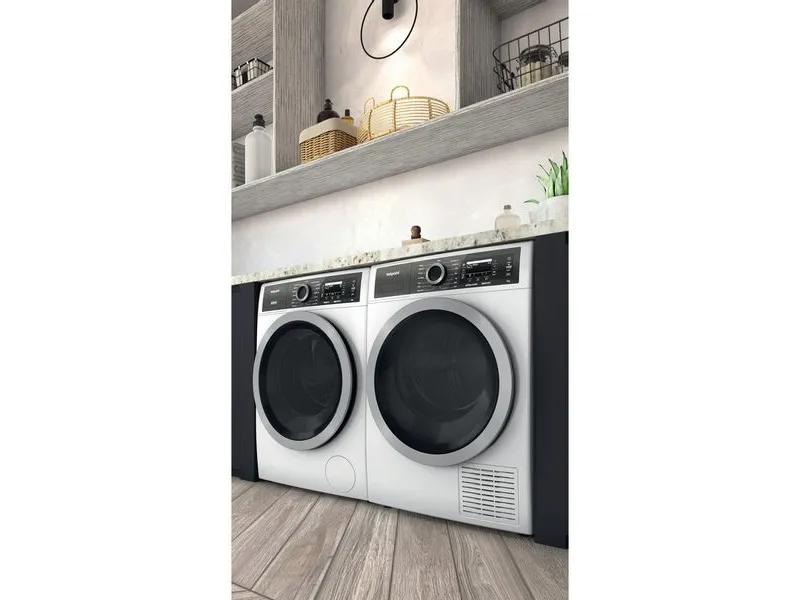 Hotpoint H8 D94WB EU, Fritstående, Front-læsning, Varmepumpe, Hvid, Dreje, Berøring, Højre