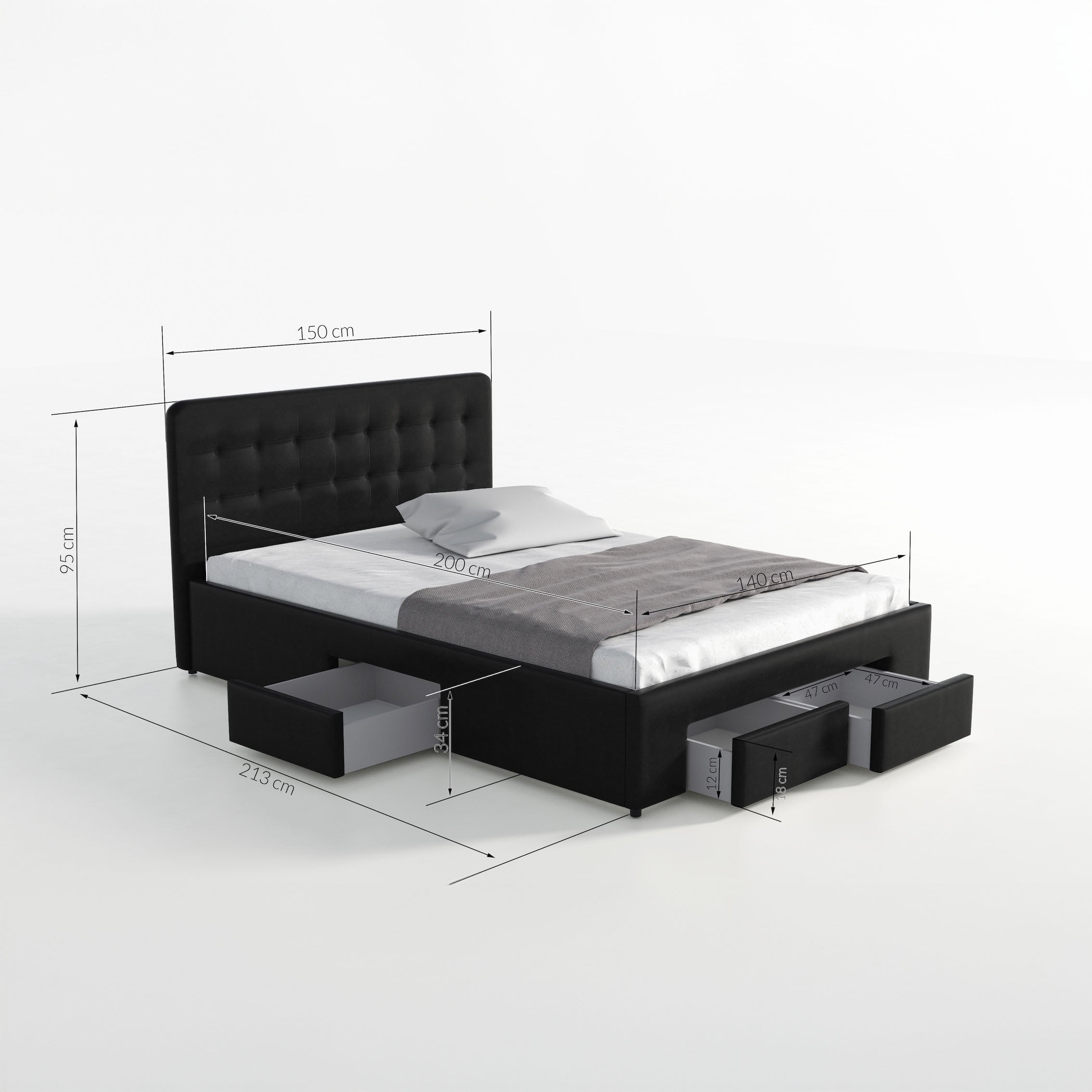 Milo - Tweepersoonsbed met lades - Zwart - 140x200 cm