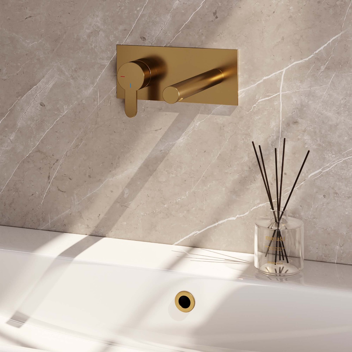 Brauer Gold Edition ColdStart wastafelkraan inbouw rechte uitloop met achterplaat model D2 geborsteld messing PVD