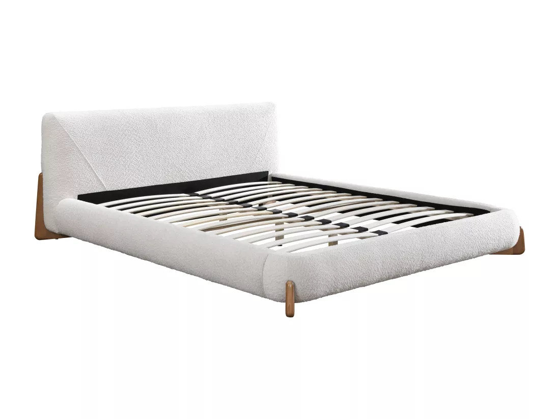 Lit 160 x 200 cm - Tissu bouclette - Blanc et naturel - GAMURA
