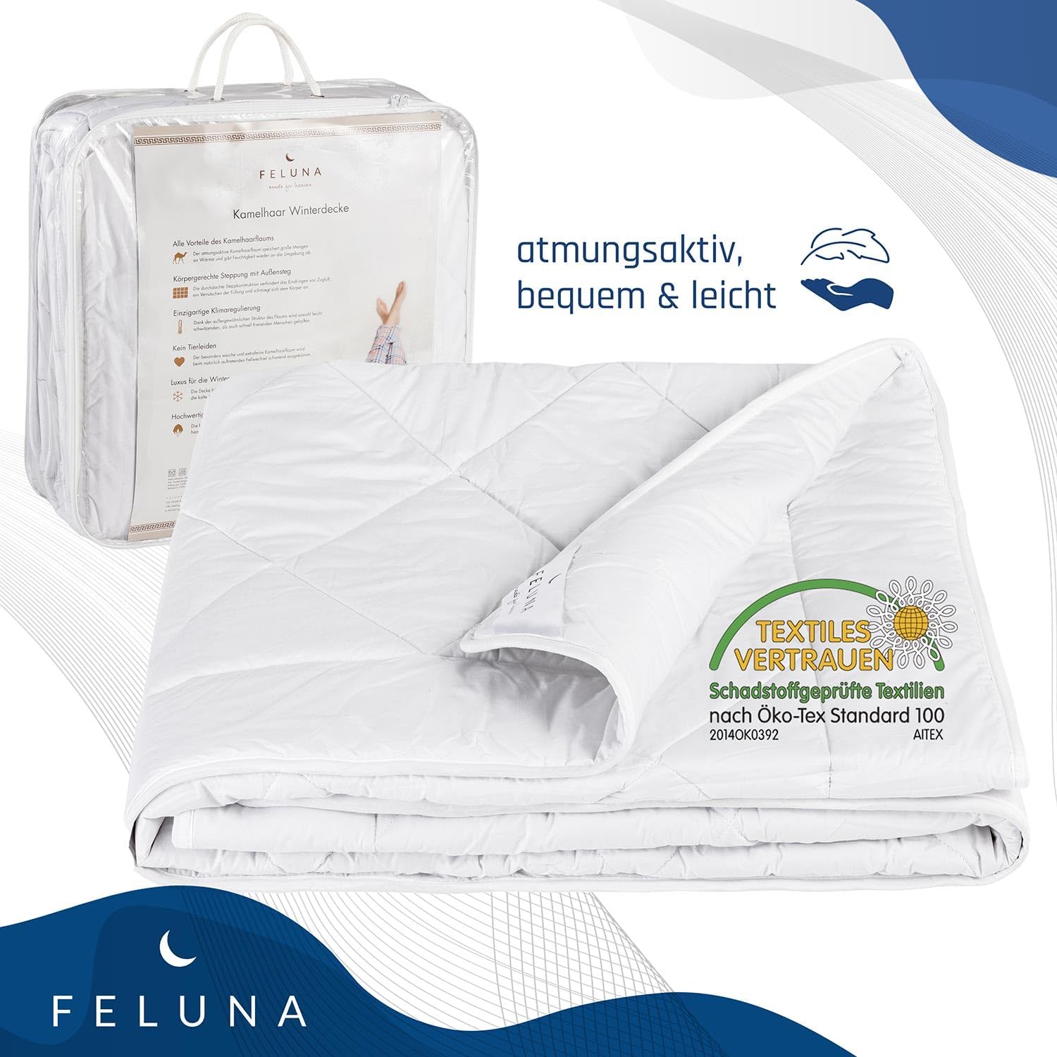 Feluna® Winter-Decke Kamelhaar-Steppdecke aus 100% Kamelhaarflaum Winter-Bettdecke (Winterdecke, 155x220cm)