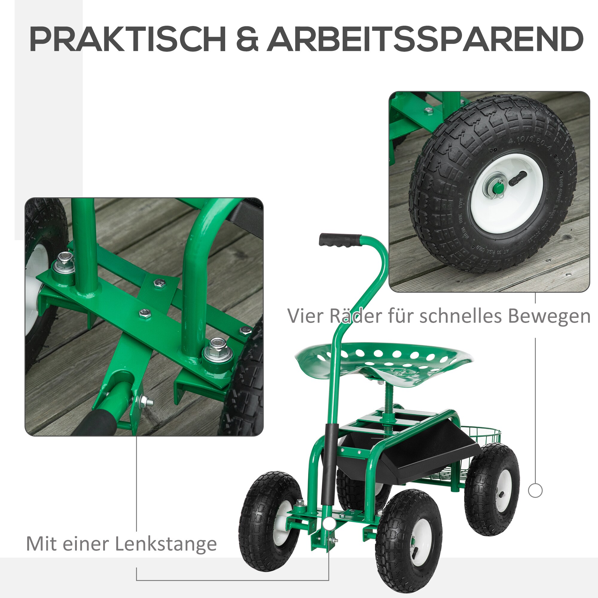 Outsunny Fahrbarer Gartensitz mit Gartengeräteablage grün 98L x 45B x 87H cm