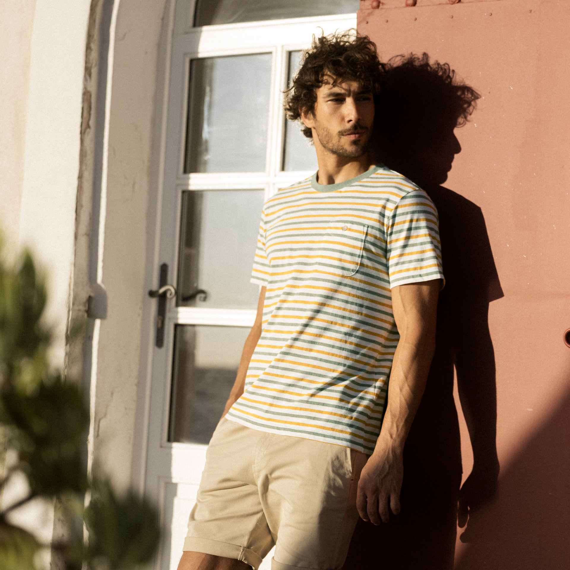 T-shirt rayé vert & ocre coton et coton recyclé - modèle olonne
