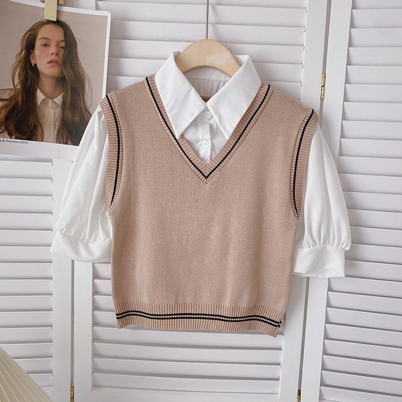 DIYI - Namaak tweedelig gebreid blouse met korte mouwen