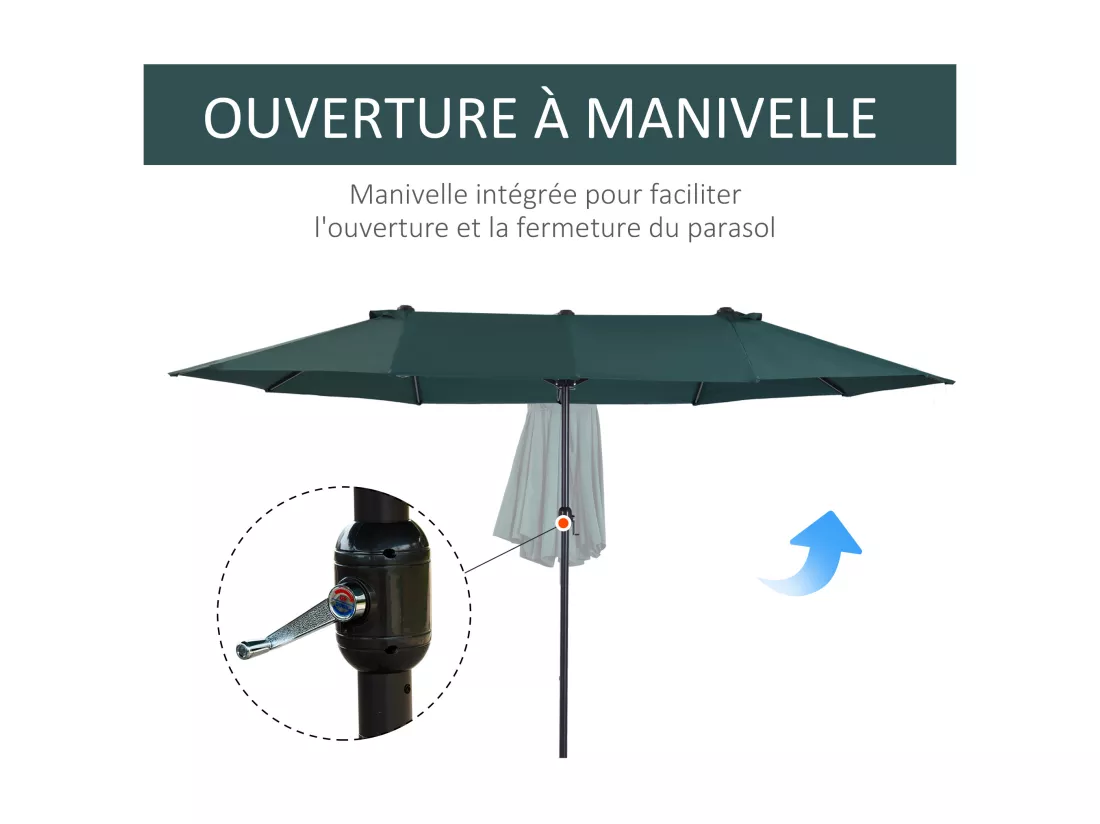 Parasol de jardin XXL parasol grande taille 4,6L x 2,7l x 2,4H m ouverture fermeture manivelle acier polyester haute densité vert