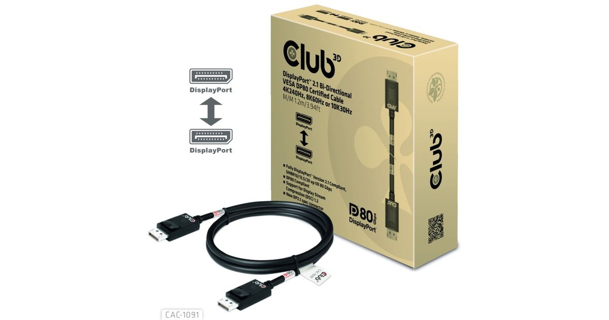 Club 3DDisplayPort 2.1 Bi-Directional VESA DP80 Certified Kabel 4K 240 Hz  (Zwart, 1,2 meter)