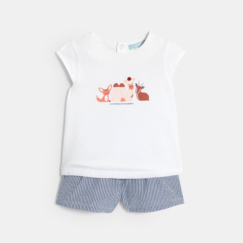 Tee-shirt animaux blanc et short seersucker bleu bébé fille Blanc
