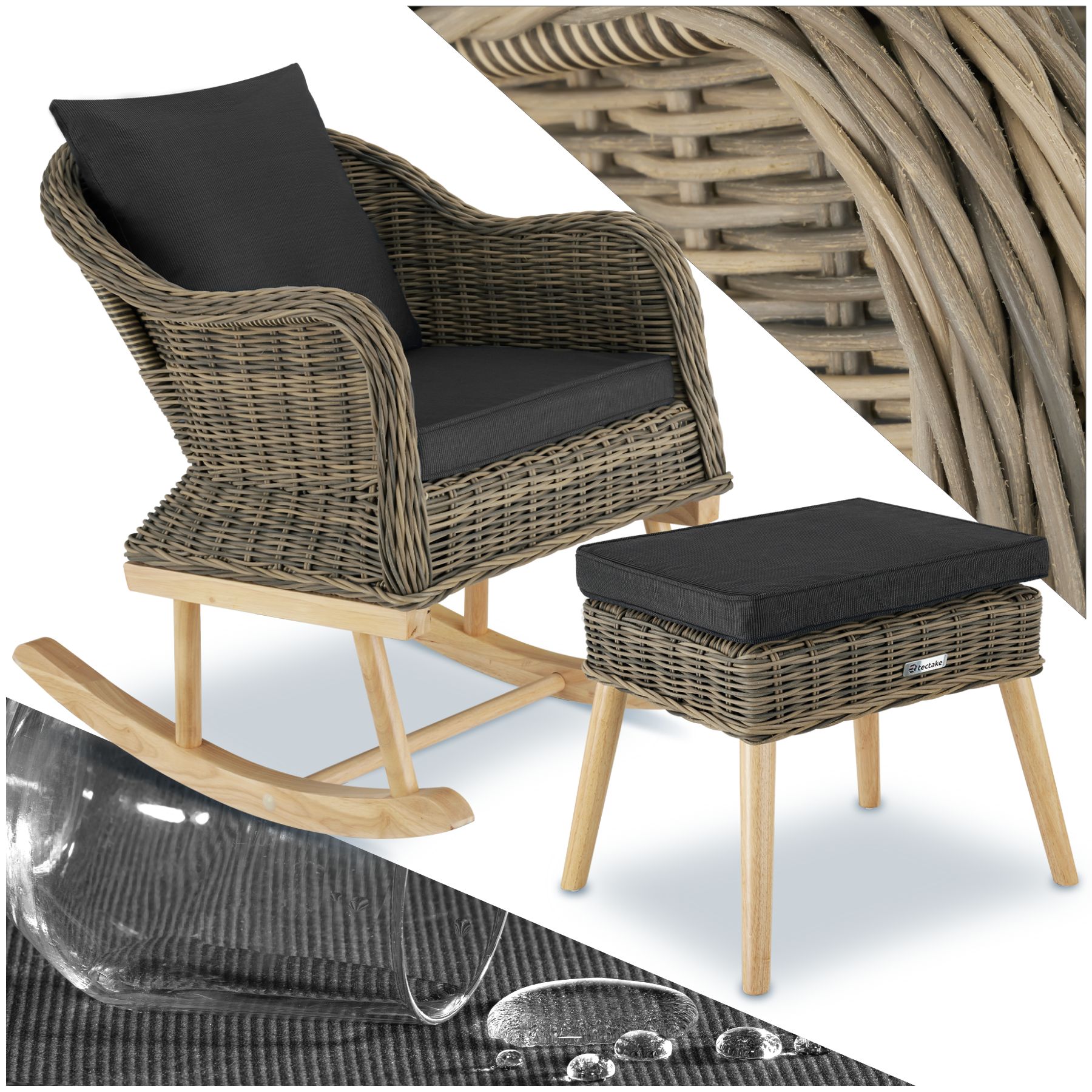 tectake® Rattan Schaukelstuhl Rovigo mit Fußbank Vibo, natürlich nachempfundenes Geflecht mit Aluminiumgestellen, Kufen und Beine aus Holz, höhenverstellbare Kunststoffkappen