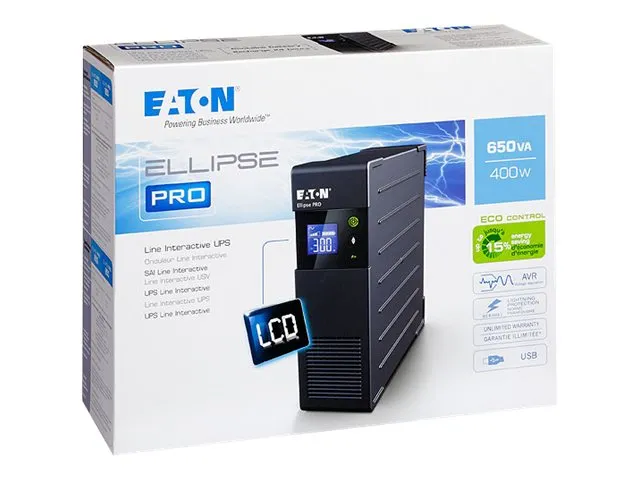 Eaton Ellipse PRO 650 - UPS - AC 230 V - 400 Watt - 650 VA - 7 At - USB - output-stikforbindelser: 4 - 2U - 19