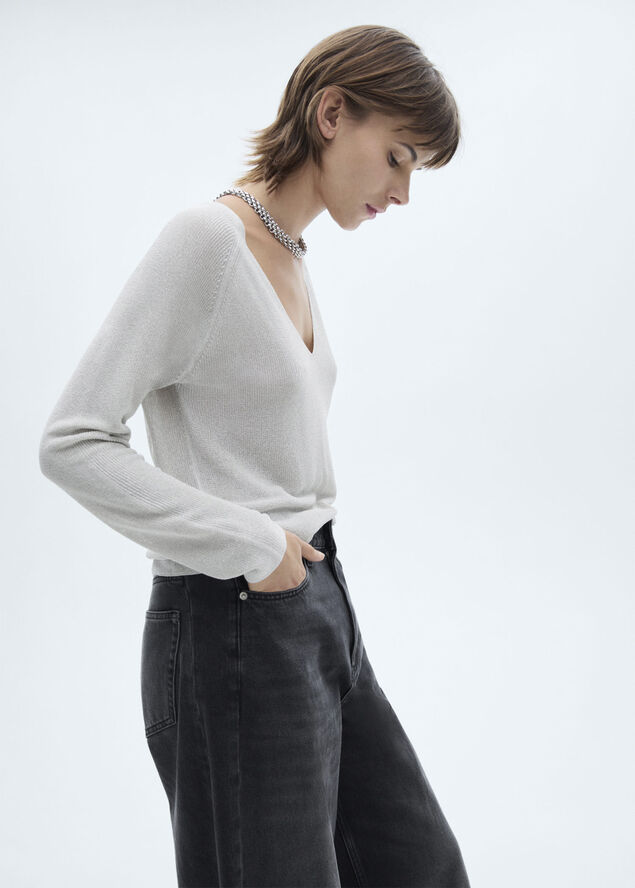 MANGO V-neck lurex sweater Silver